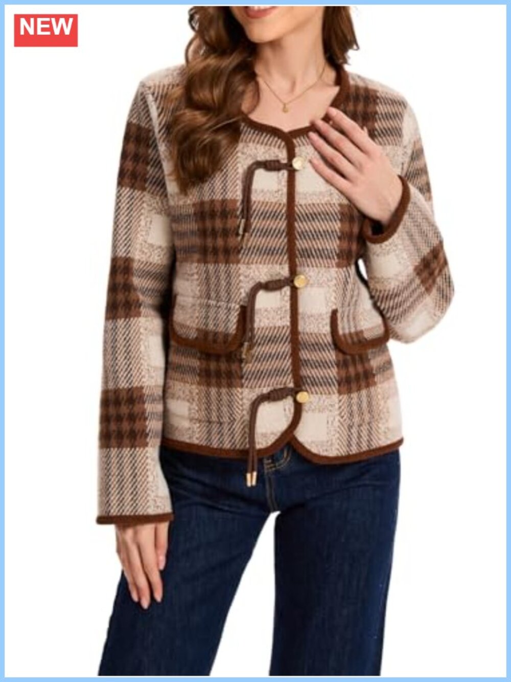 Vintage Plaid Cardigan Sweater Button Down Knit Jacket with Pockets - Picture 5 of 6